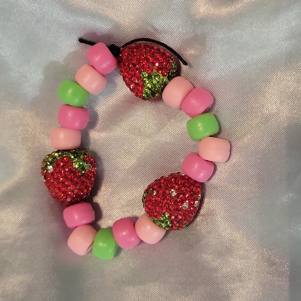 Strawberry pastel rhinestone kandi bracelet pink red green xs s size Rave scene